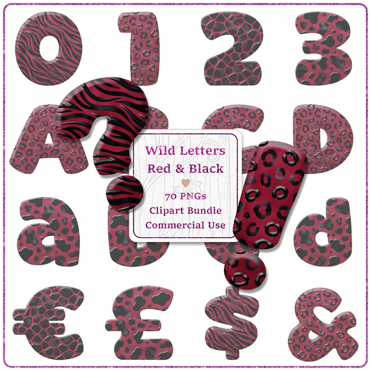 Red Animal Print Letters & Numbers Clipart Bundle 70 PNGs