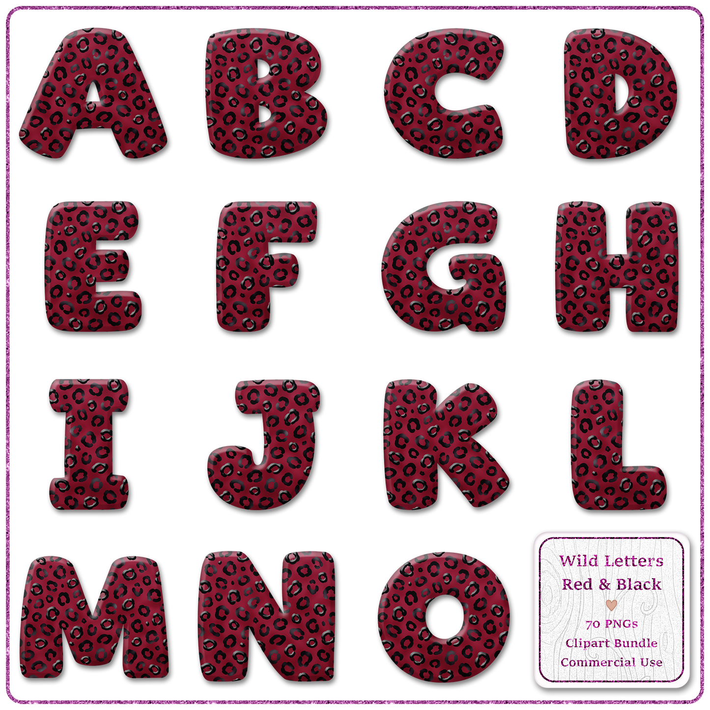 Red Animal Print Letters & Numbers Clipart Bundle 70 PNGs
