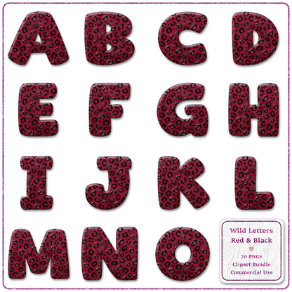 Red Animal Print Letters & Numbers Clipart Bundle 70 PNGs