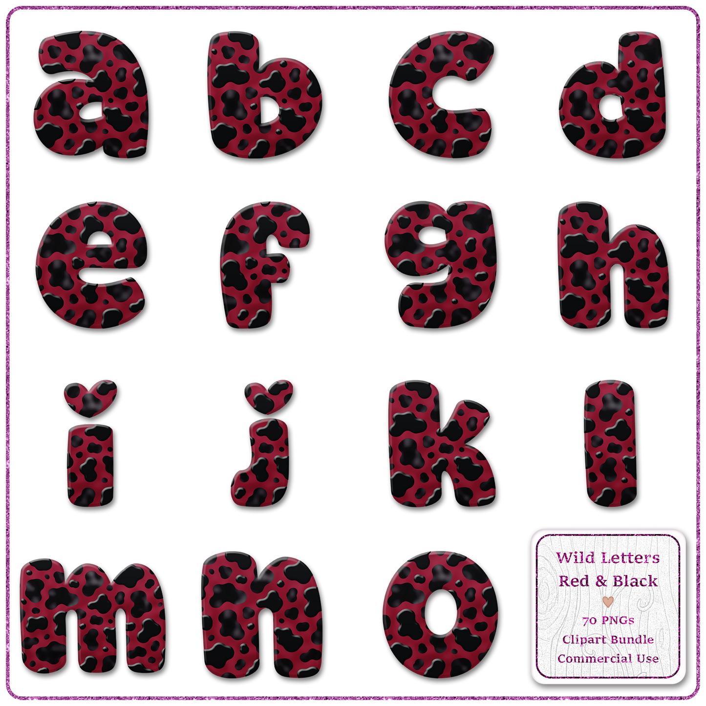 Red Animal Print Letters & Numbers Clipart Bundle 70 PNGs
