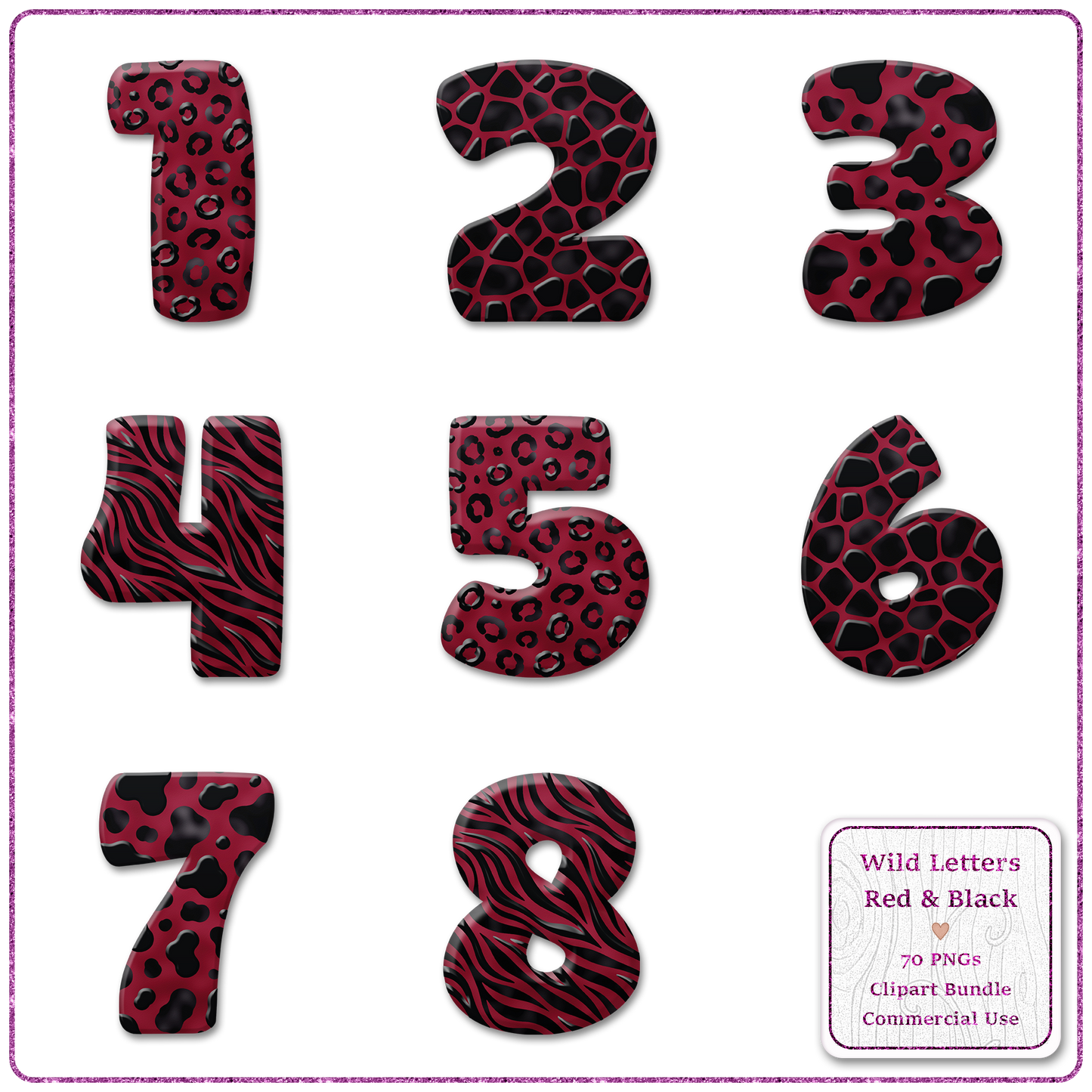 Red Animal Print Letters & Numbers Clipart Bundle 70 PNGs