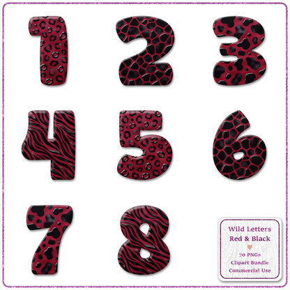 Red Animal Print Letters & Numbers Clipart Bundle 70 PNGs