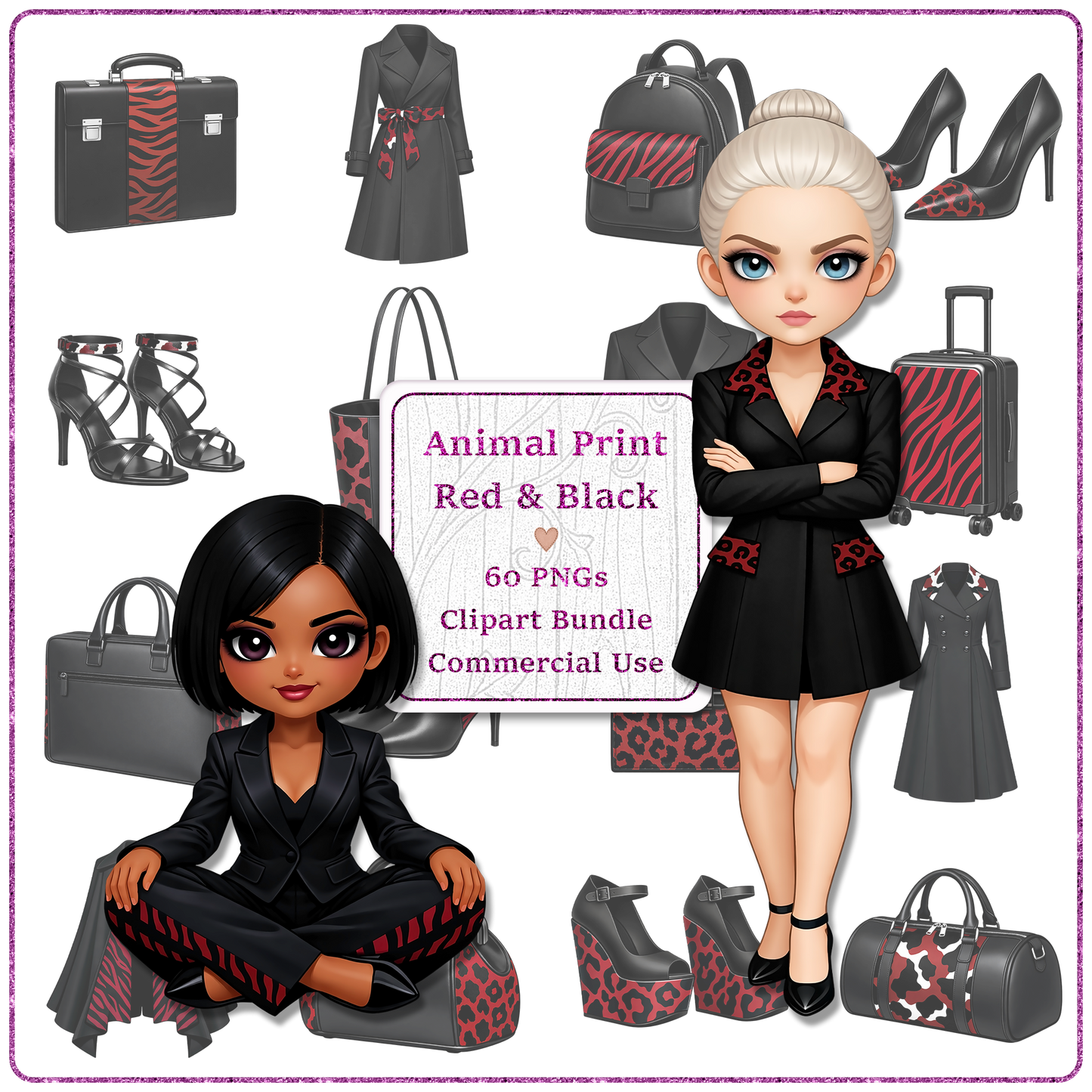 Animal Print Red & Black Clipart Bundle 60 PNGs