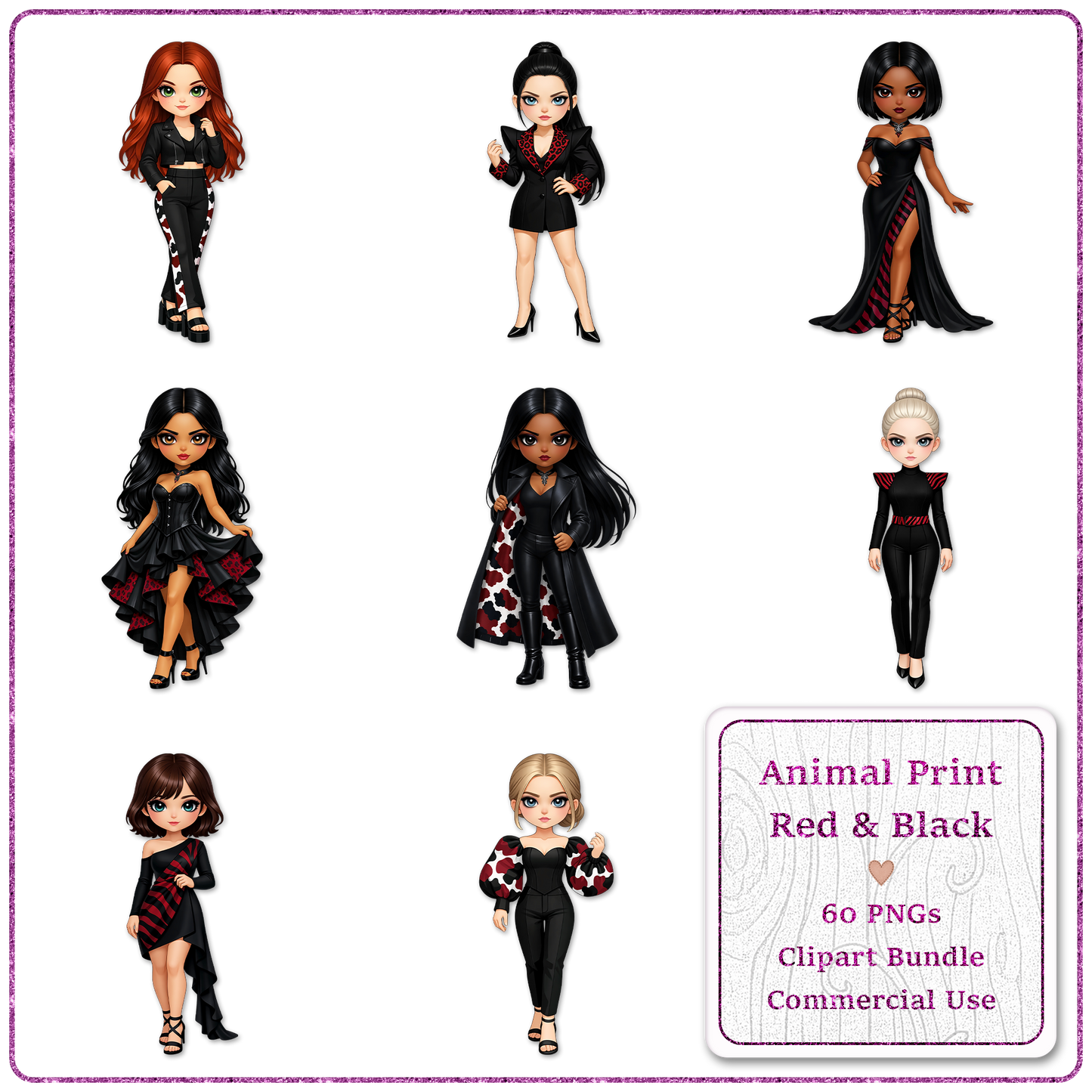 Animal Print Red & Black Clipart Bundle 60 PNGs