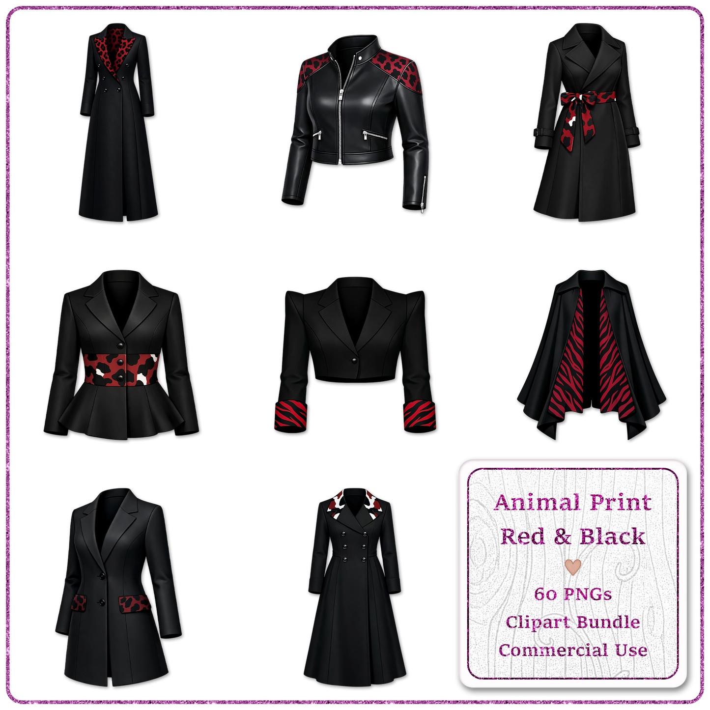 Animal Print Red & Black Clipart Bundle 60 PNGs