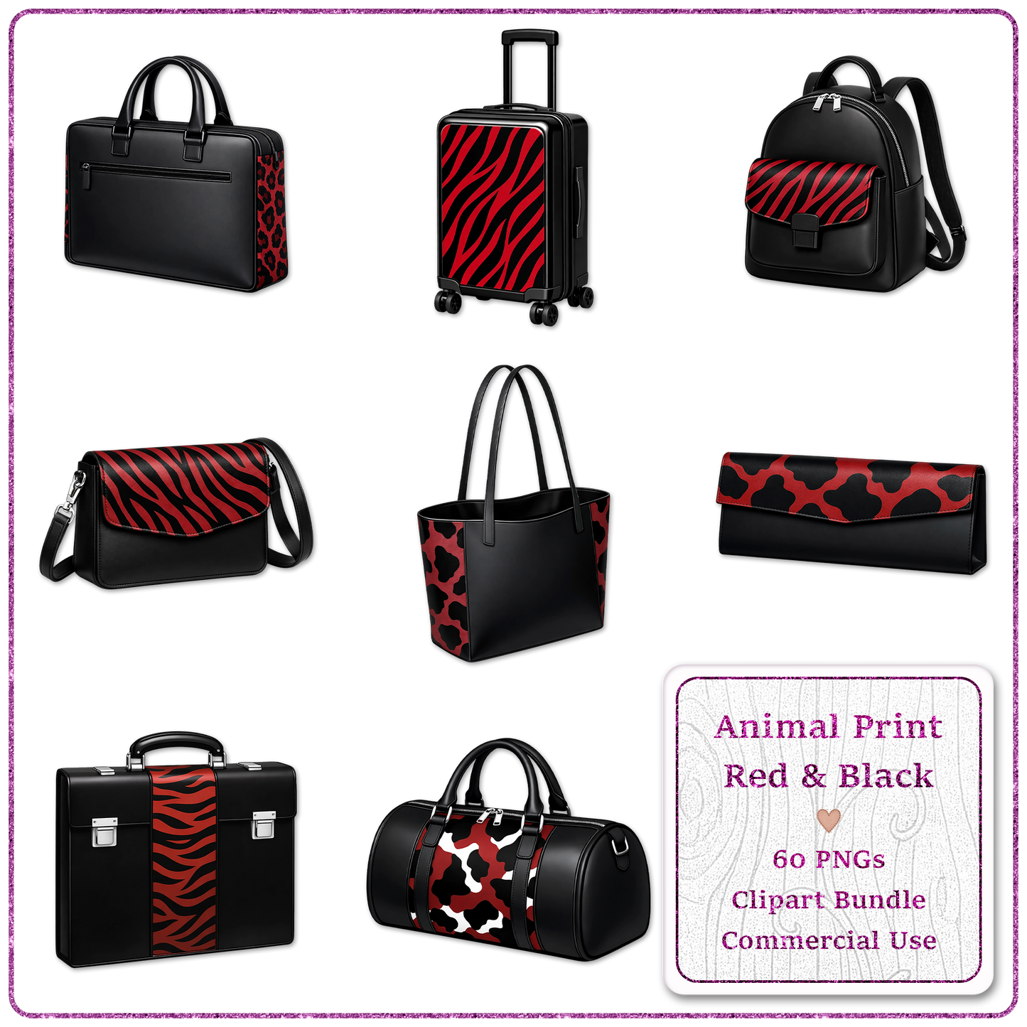 Animal Print Red & Black Clipart Bundle 60 PNGs