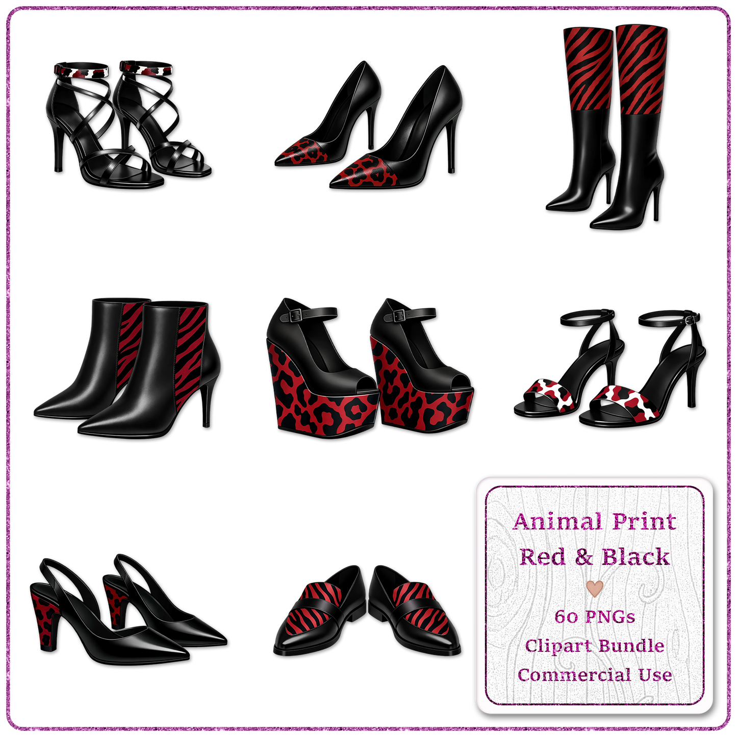 Animal Print Red & Black Clipart Bundle 60 PNGs
