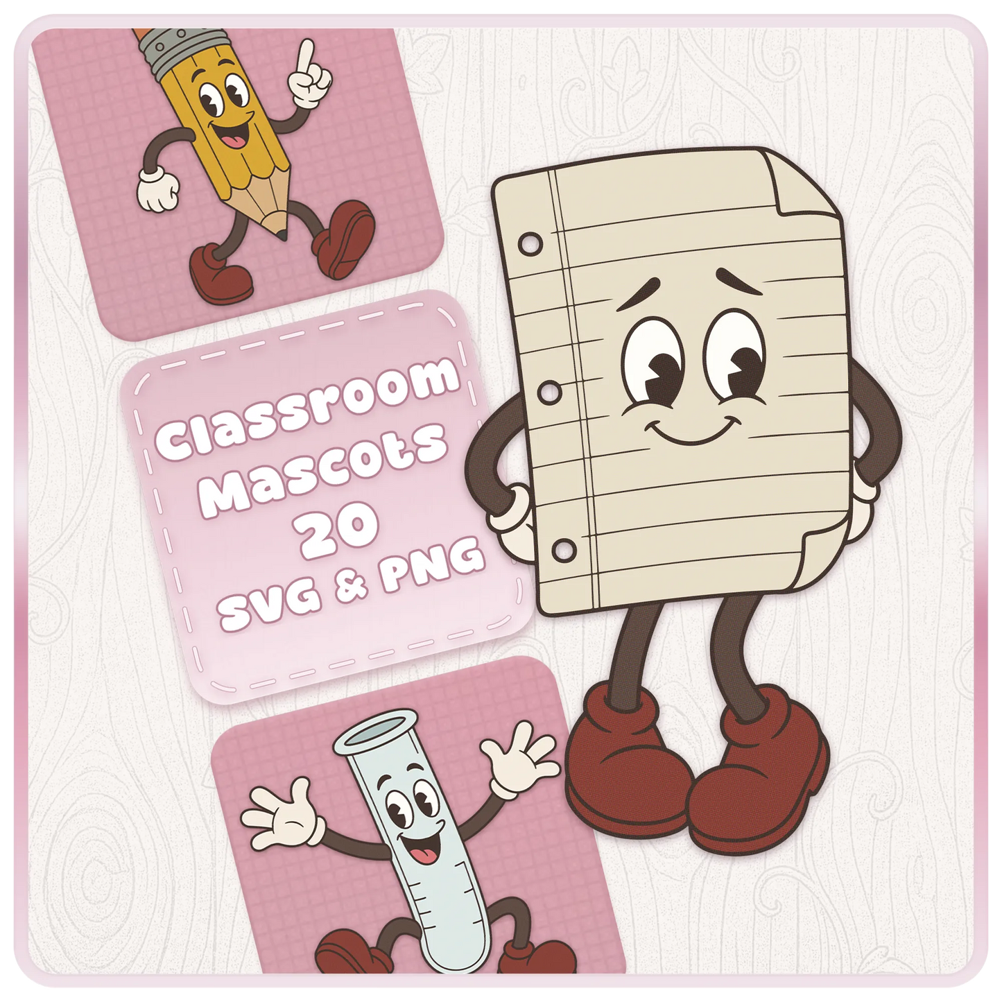 Classroom Mascots SVG and PNG bundle preview featuring a retro notebook paper character, pencil mascot and test tube mascot with vintage school clipart styling.