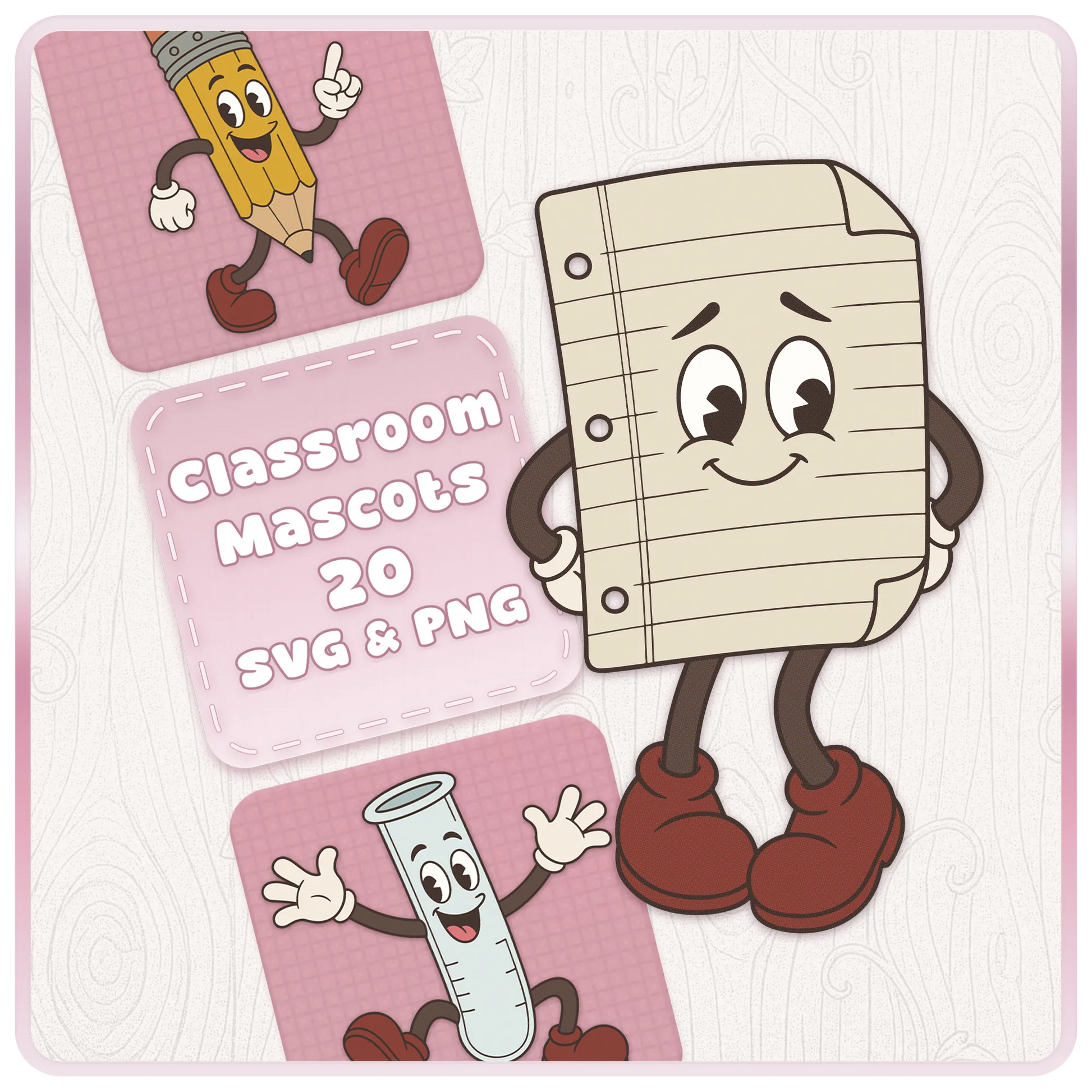Classroom Mascots SVG and PNG bundle preview featuring a retro notebook paper character, pencil mascot and test tube mascot with vintage school clipart styling.