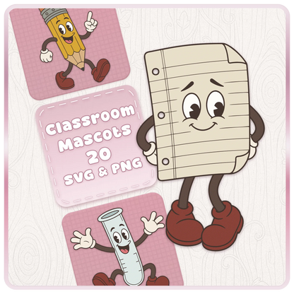 Classroom Mascots SVG and PNG bundle preview featuring a retro notebook paper character, pencil mascot and test tube mascot with vintage school clipart styling.