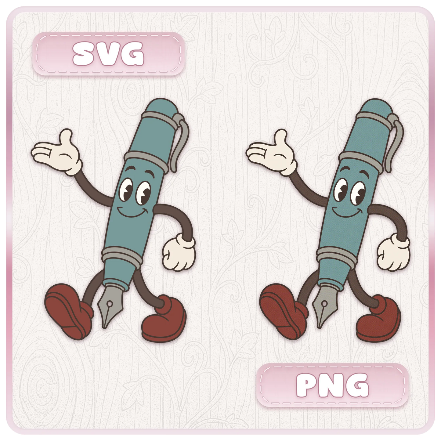 Retro fountain pen classroom mascot shown in SVG and transparent PNG formats from the Classroom Mascots school clipart bundle.