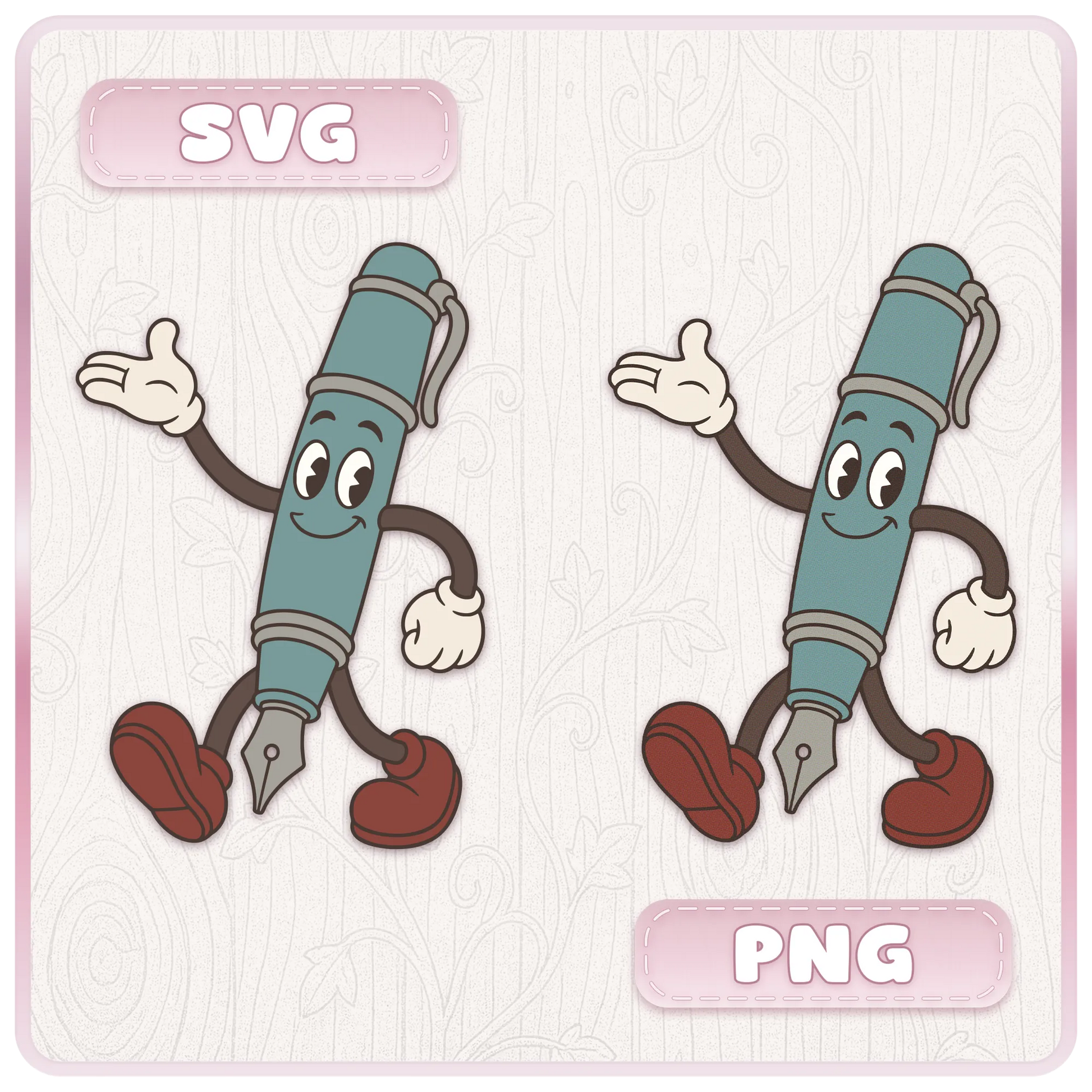 Retro fountain pen classroom mascot shown in SVG and transparent PNG formats from the Classroom Mascots school clipart bundle.