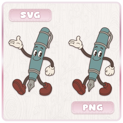 Retro fountain pen classroom mascot shown in SVG and transparent PNG formats from the Classroom Mascots school clipart bundle.