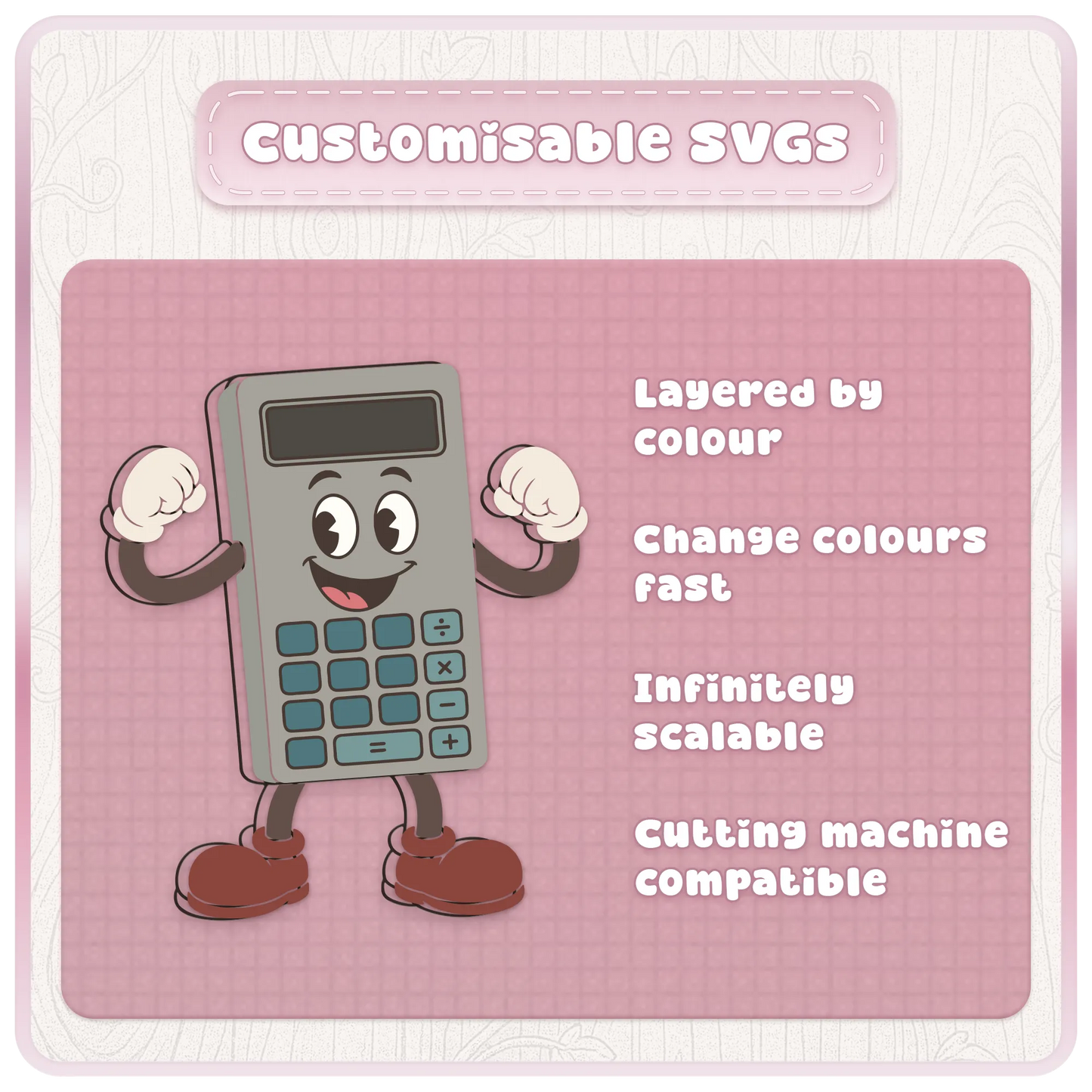 Customisable classroom mascot SVG preview featuring a retro calculator character with layered colours, scalable vector artwork and cutting machine compatibility.