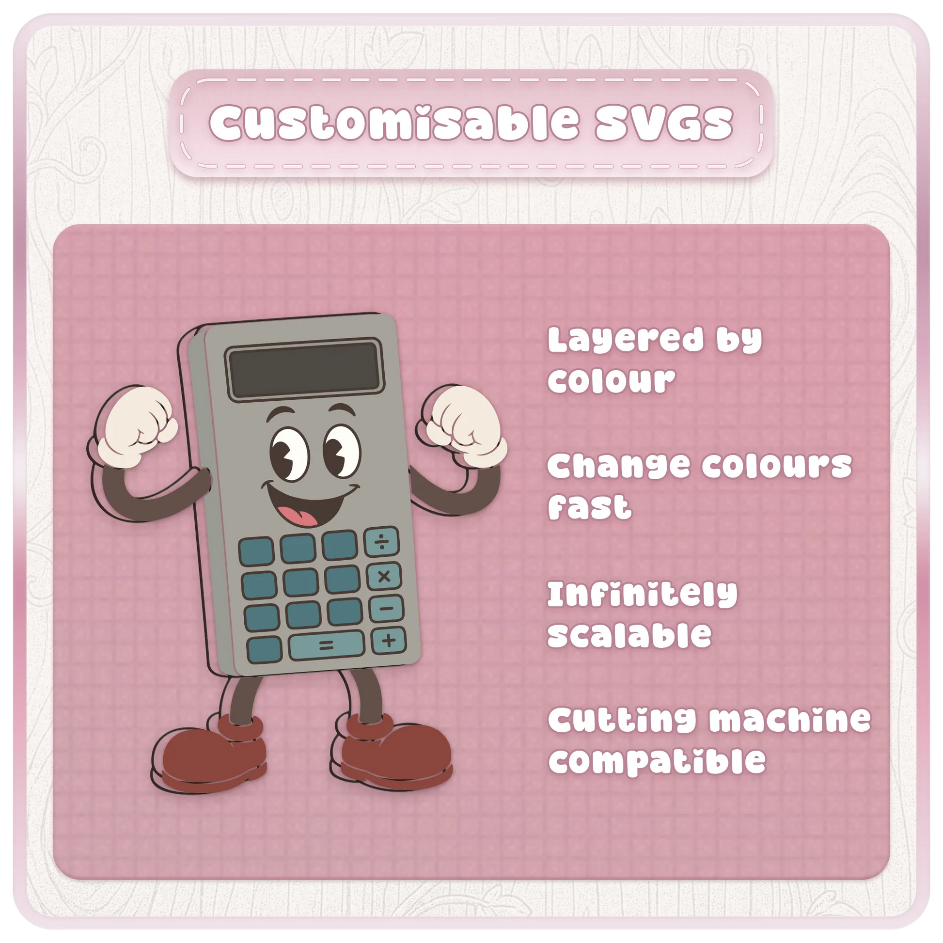 Customisable classroom mascot SVG preview featuring a retro calculator character with layered colours, scalable vector artwork and cutting machine compatibility.