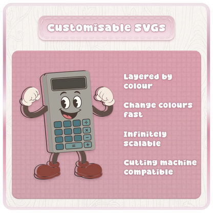 Customisable classroom mascot SVG preview featuring a retro calculator character with layered colours, scalable vector artwork and cutting machine compatibility.