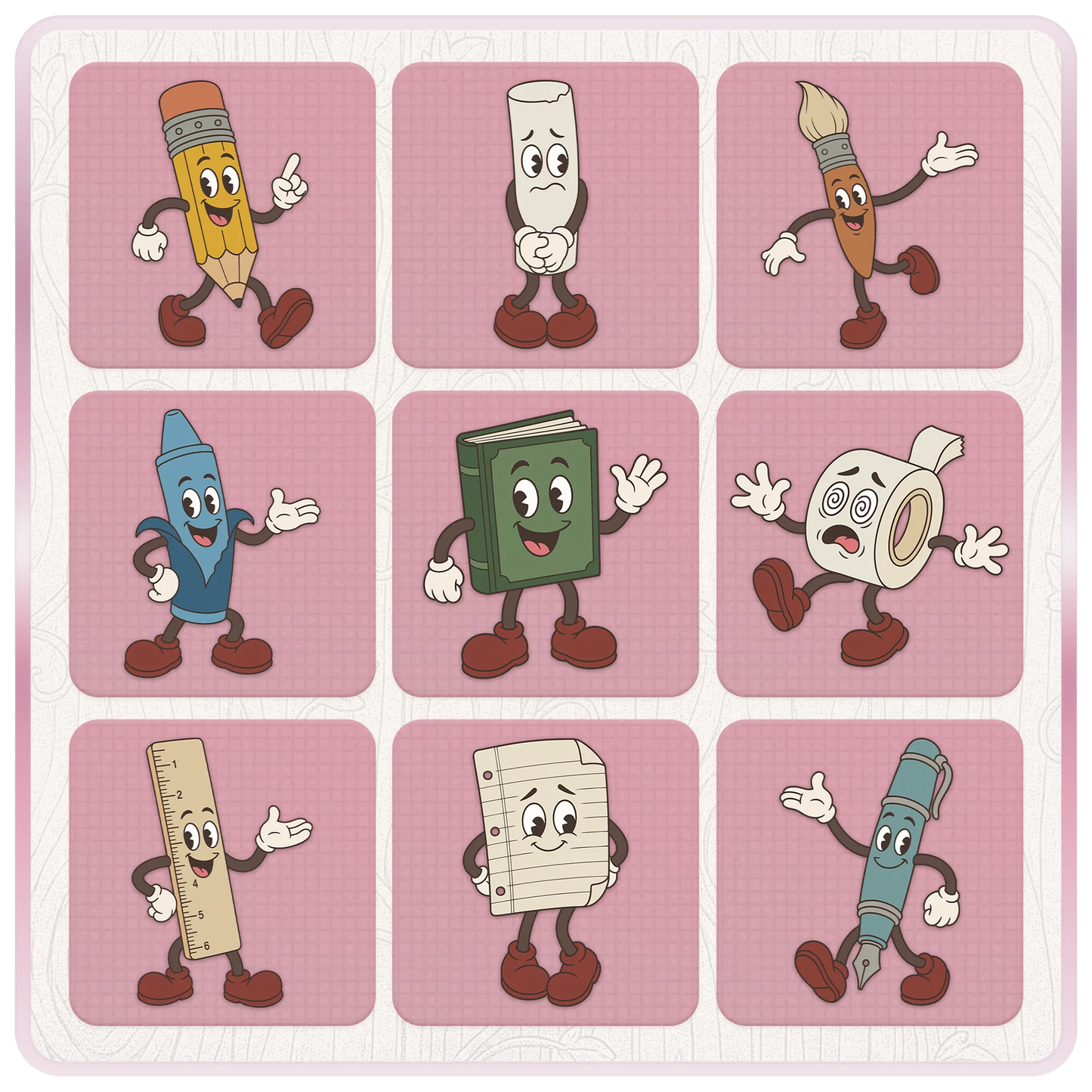 Preview of nine retro classroom mascot characters including pencil, chalk, paintbrush, crayon, book, toilet paper, ruler, notebook paper and fountain pen.