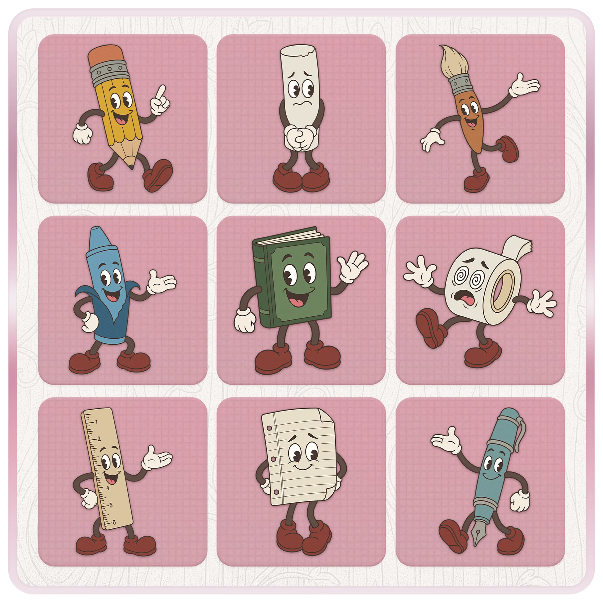 Preview of nine retro classroom mascot characters including pencil, chalk, paintbrush, crayon, book, toilet paper, ruler, notebook paper and fountain pen.