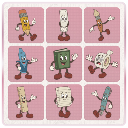 Preview of nine retro classroom mascot characters including pencil, chalk, paintbrush, crayon, book, toilet paper, ruler, notebook paper and fountain pen.