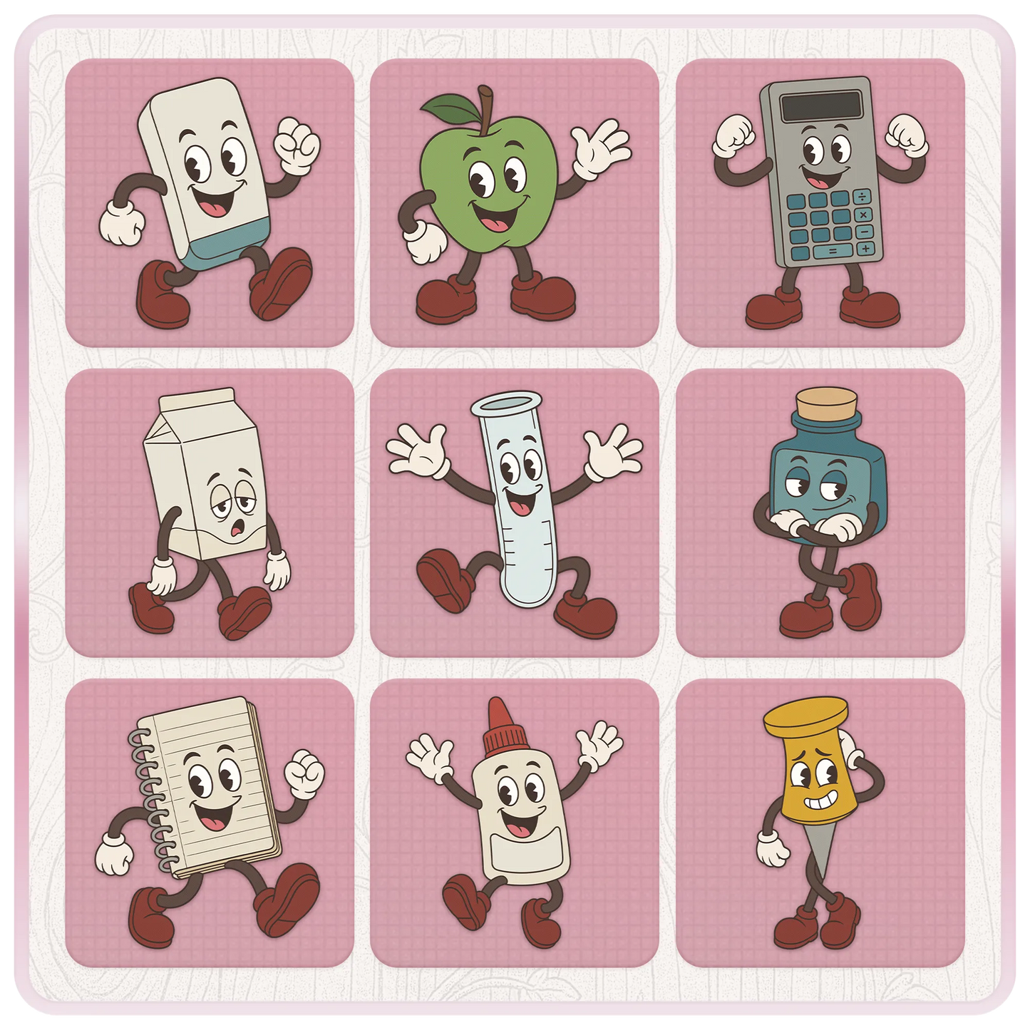 Preview of nine school mascot clipart characters including eraser, green apple, calculator, milk carton, test tube, ink bottle, notebook, glue bottle and push pin.