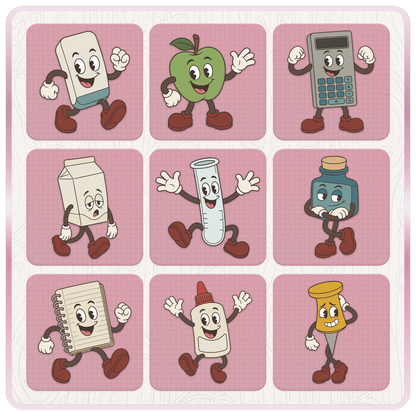 Preview of nine school mascot clipart characters including eraser, green apple, calculator, milk carton, test tube, ink bottle, notebook, glue bottle and push pin.