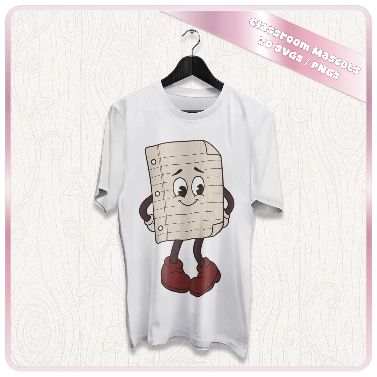 White T-shirt mockup featuring a retro notebook paper classroom mascot from the 20 Classroom Mascots SVG and PNG digital download bundle.