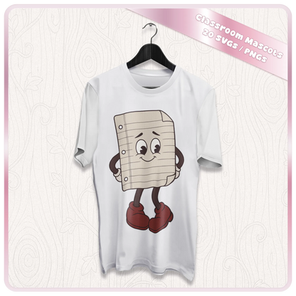 White T-shirt mockup featuring a retro notebook paper classroom mascot from the 20 Classroom Mascots SVG and PNG digital download bundle.