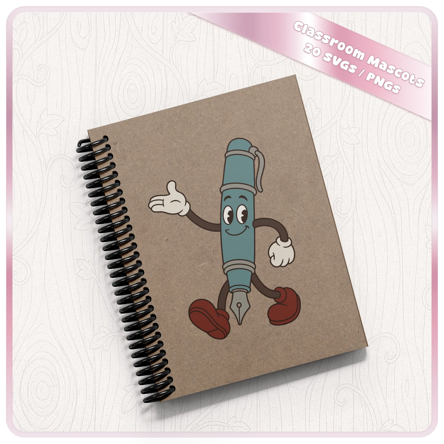 Kraft spiral notebook mockup featuring a retro teal fountain pen classroom mascot from the school supplies SVG and PNG clipart collection.