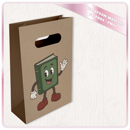 Kraft gift bag mockup featuring a smiling retro green book classroom mascot from the Classroom Mascots SVG and PNG school clipart bundle.