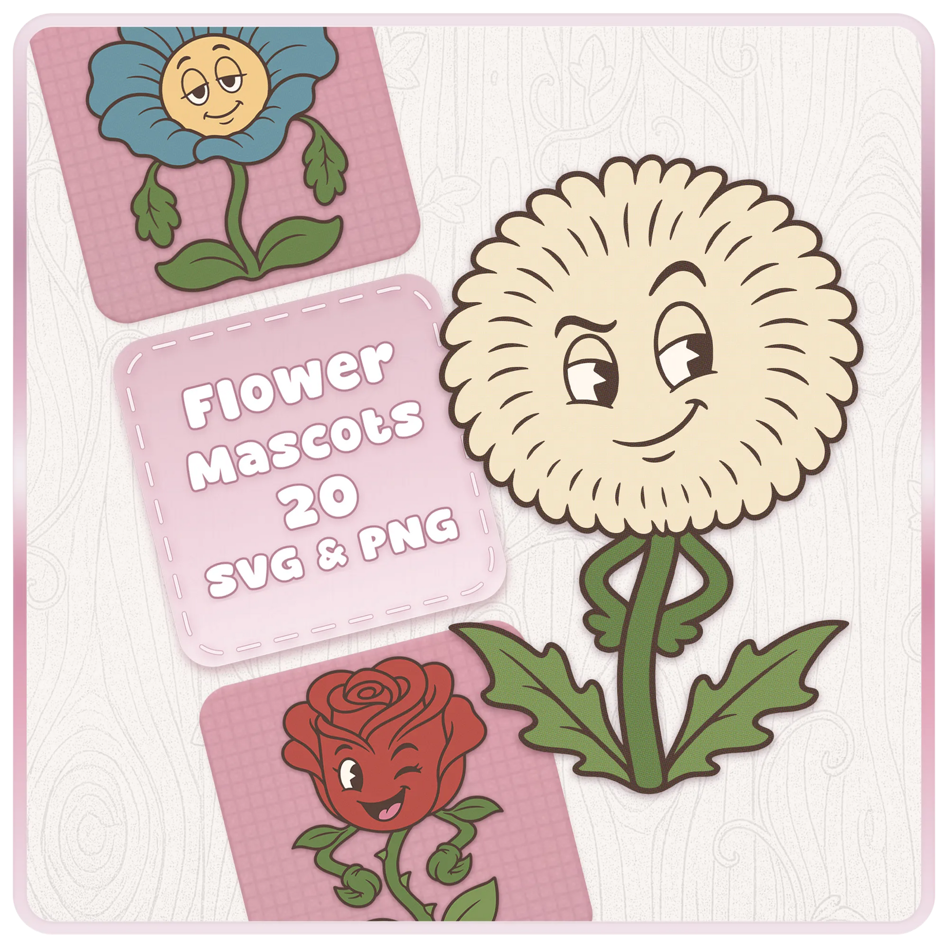 Flower Mascots SVG and PNG bundle with cute retro floral characters including dandelion, rose and blue flower mascot designs