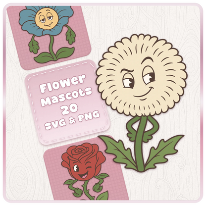 Flower Mascots SVG and PNG bundle with cute retro floral characters including dandelion, rose and blue flower mascot designs