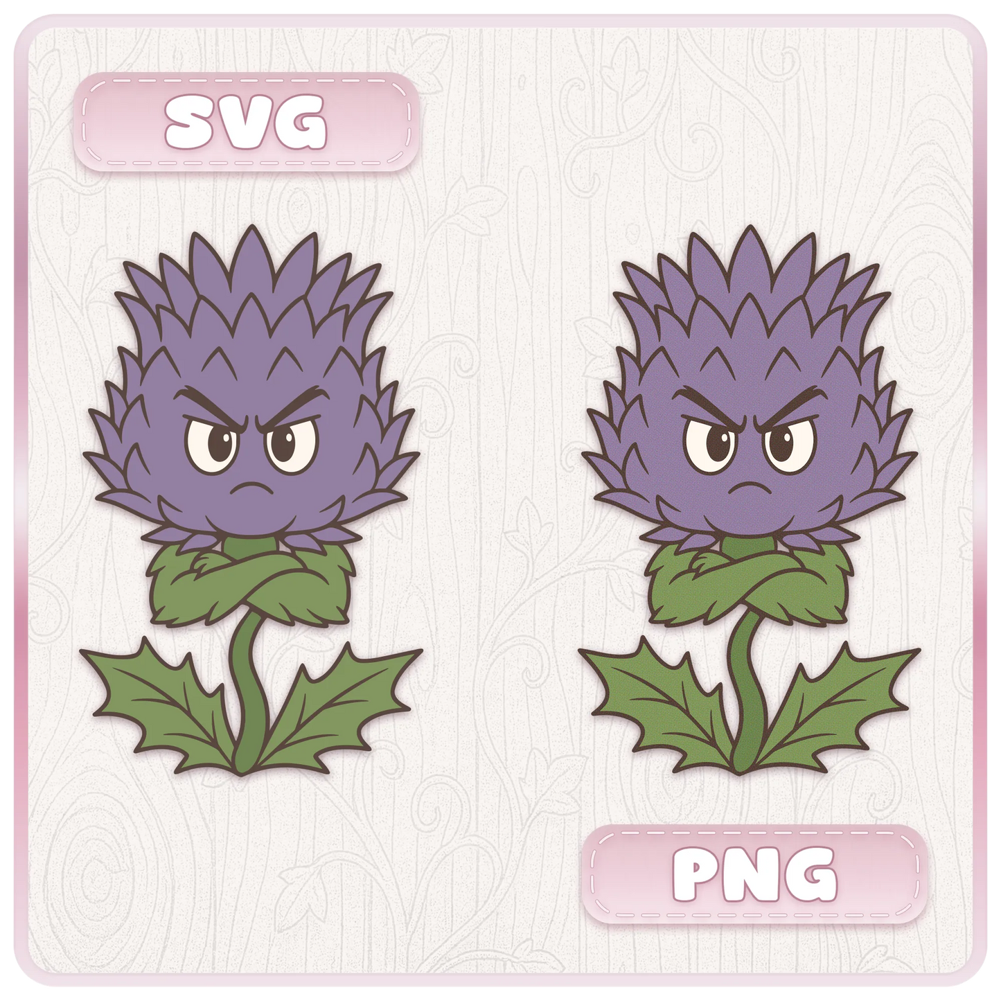 Retro purple flower mascot shown as SVG and PNG files from cute Flower Mascots digital clipart bundle