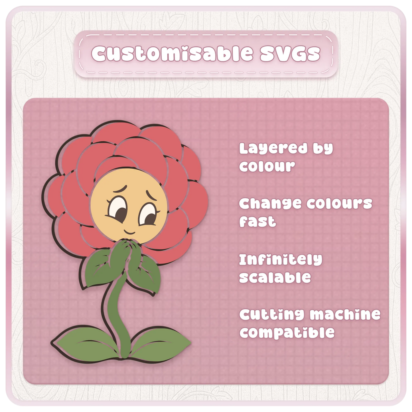 Customisable layered flower mascot SVG showing colour editable floral clipart for Cricut and craft projects