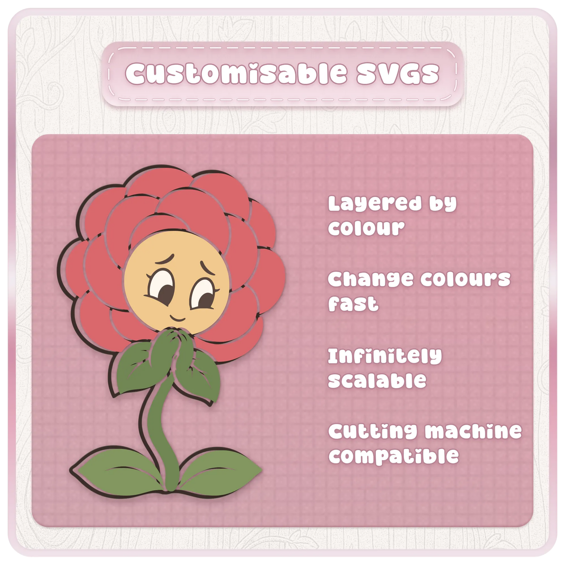 Customisable layered flower mascot SVG showing colour editable floral clipart for Cricut and craft projects