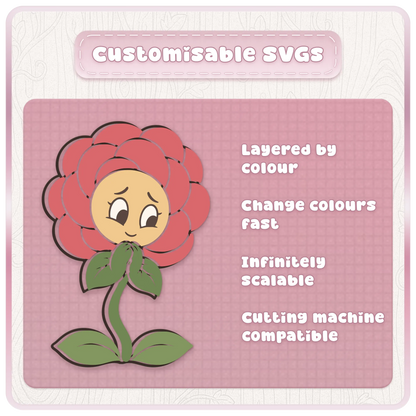Customisable layered flower mascot SVG showing colour editable floral clipart for Cricut and craft projects