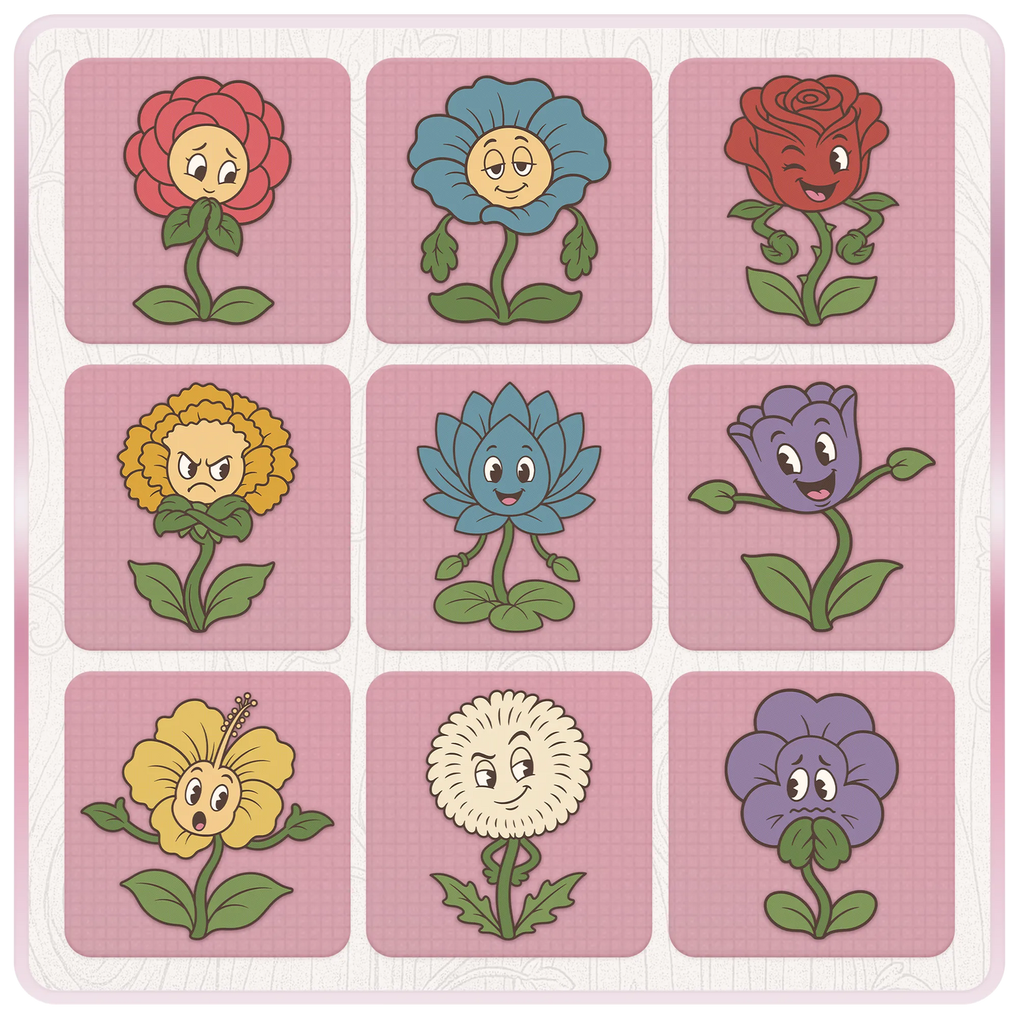 Cute retro Flower Mascots SVG bundle featuring rose, dandelion, hibiscus, tulip and cartoon floral characters