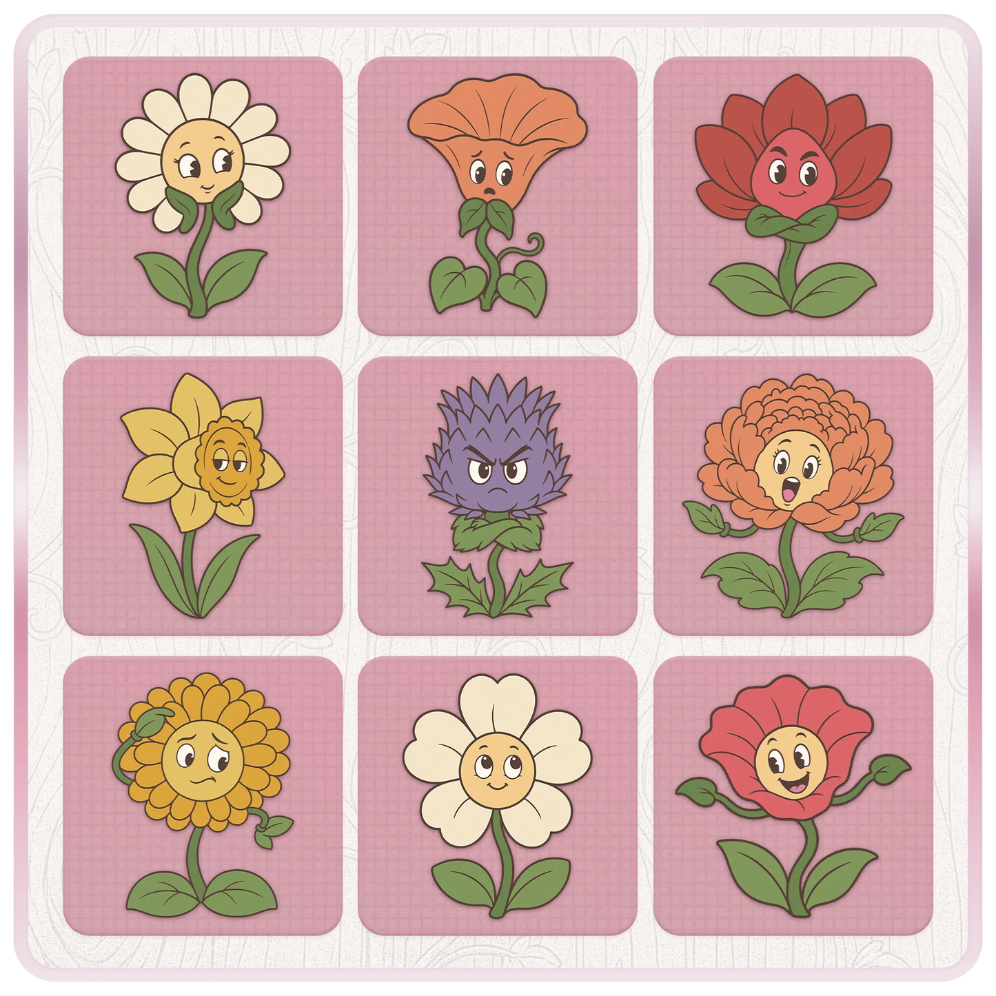 Vintage flower SVG and PNG clipart collection with daisy, daffodil, thistle and colourful flower mascot characters