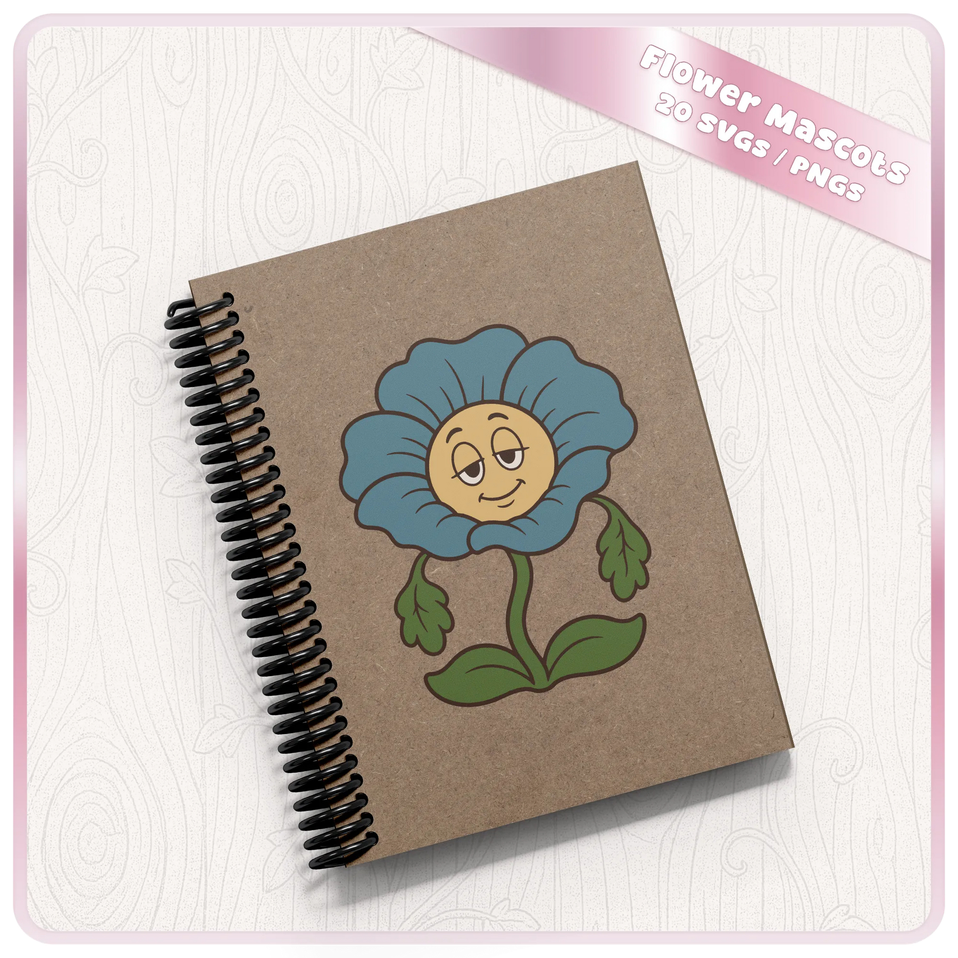 Blue retro flower mascot SVG displayed on kraft notebook mockup for printable crafts, stationery and personalised gifts