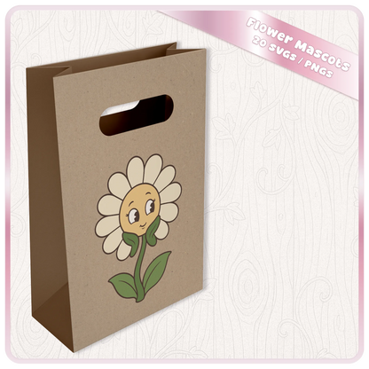Cute daisy flower mascot SVG displayed on kraft gift bag showing floral clipart for packaging and craft projects