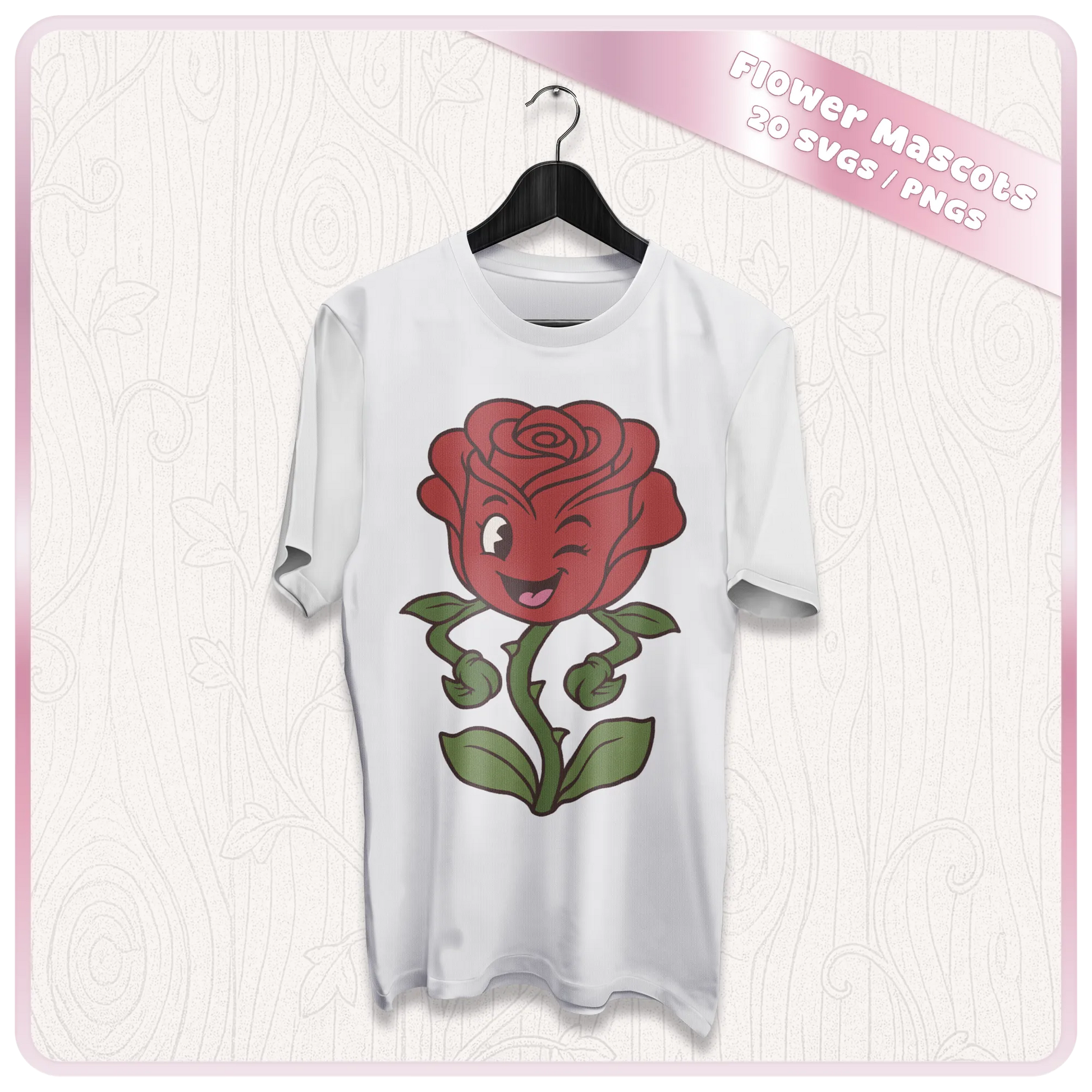 Retro rose flower mascot SVG printed on white T-shirt showing floral design for Cricut, apparel and sublimation projects