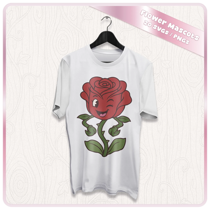 Retro rose flower mascot SVG printed on white T-shirt showing floral design for Cricut, apparel and sublimation projects
