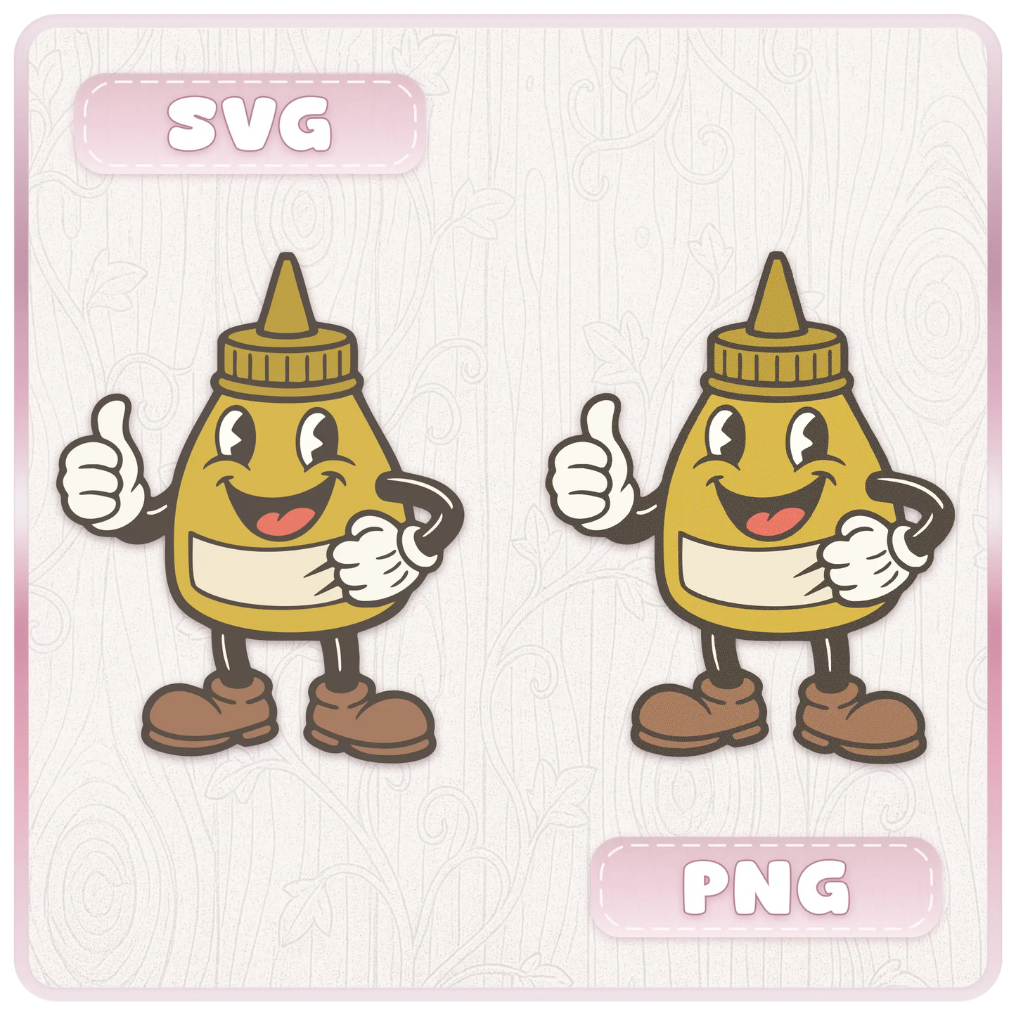 Preview of retro mustard bottle kitchen mascot shown in SVG and PNG formats for Cricut, Silhouette, sublimation, stickers, and printable craft projects.