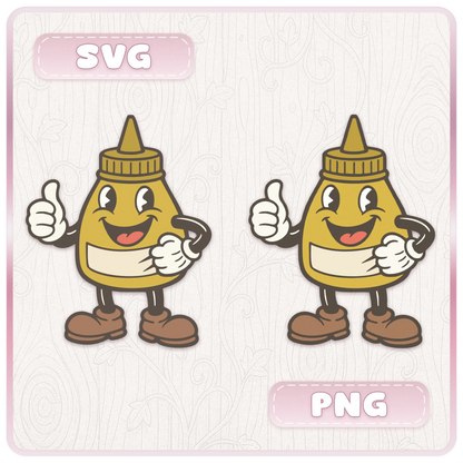 Preview of retro mustard bottle kitchen mascot shown in SVG and PNG formats for Cricut, Silhouette, sublimation, stickers, and printable craft projects.