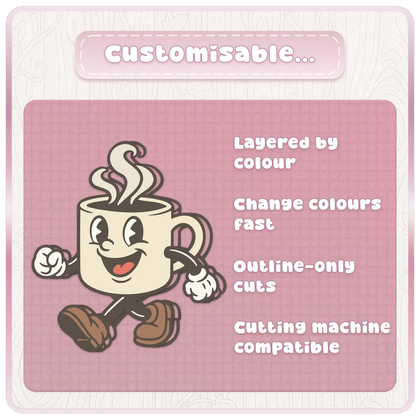 Customisable retro kitchen mascot clipart preview with vintage cartoon mug character and features including layered colour SVGs, fast colour changes, outline-only cuts, and cutting machine compatibility.