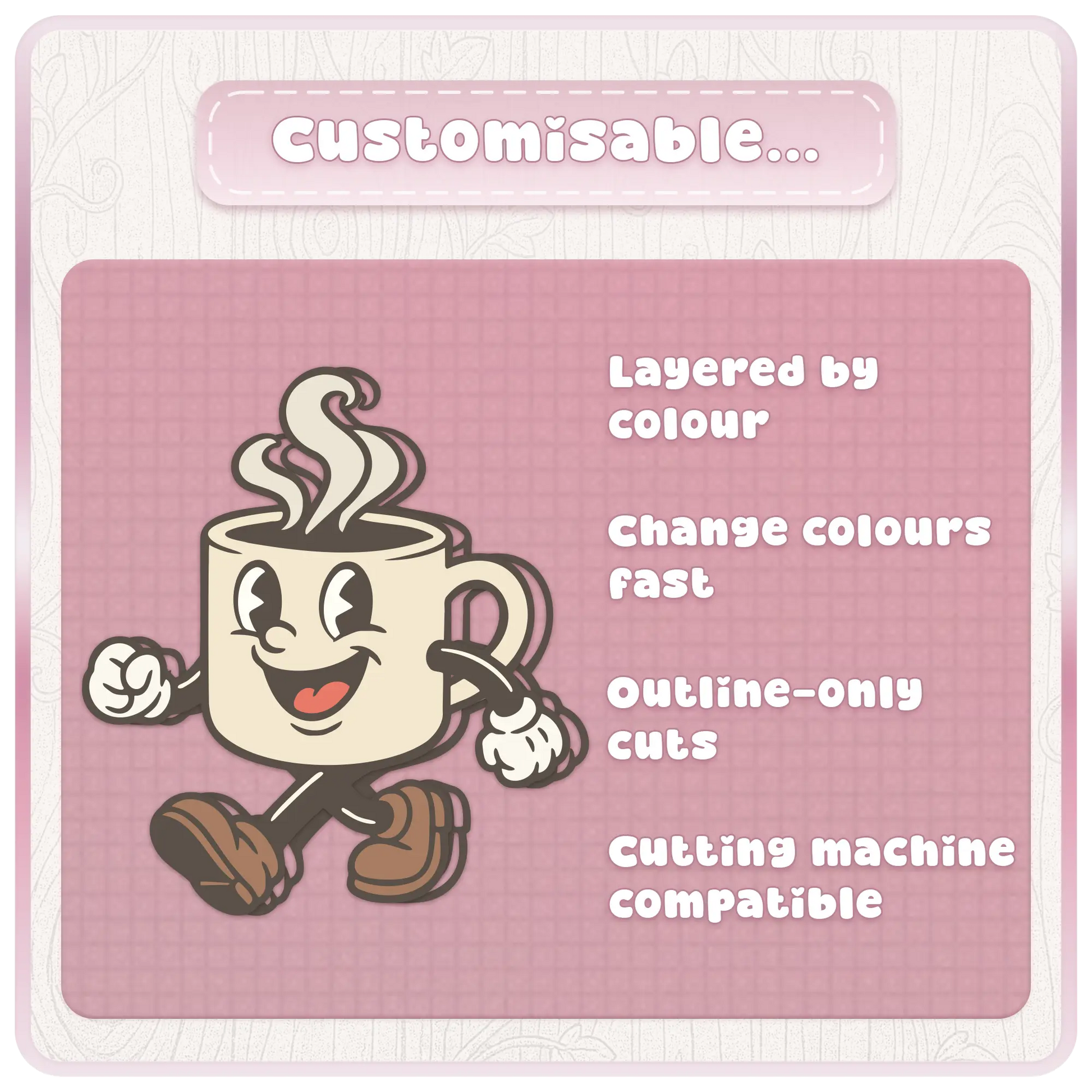 Customisable retro kitchen mascot clipart preview with vintage cartoon mug character and features including layered colour SVGs, fast colour changes, outline-only cuts, and cutting machine compatibility.
