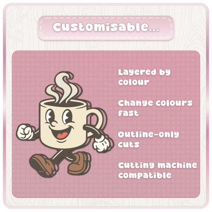 Customisable retro kitchen mascot clipart preview with vintage cartoon mug character and features including layered colour SVGs, fast colour changes, outline-only cuts, and cutting machine compatibility.