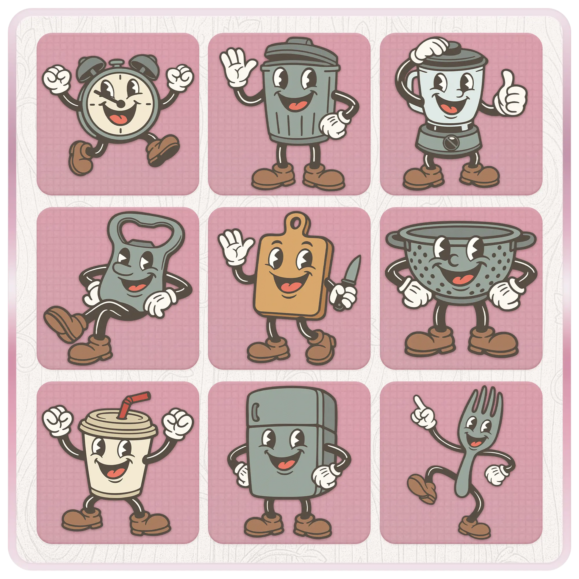 Retro kitchen clipart grid featuring vintage cartoon mascot SVG designs including alarm clock, bin, blender, bottle opener, chopping board, cup, colander, fork, fridge, and frying pan.