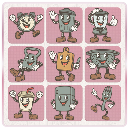 Retro kitchen clipart grid featuring vintage cartoon mascot SVG designs including alarm clock, bin, blender, bottle opener, chopping board, cup, colander, fork, fridge, and frying pan.