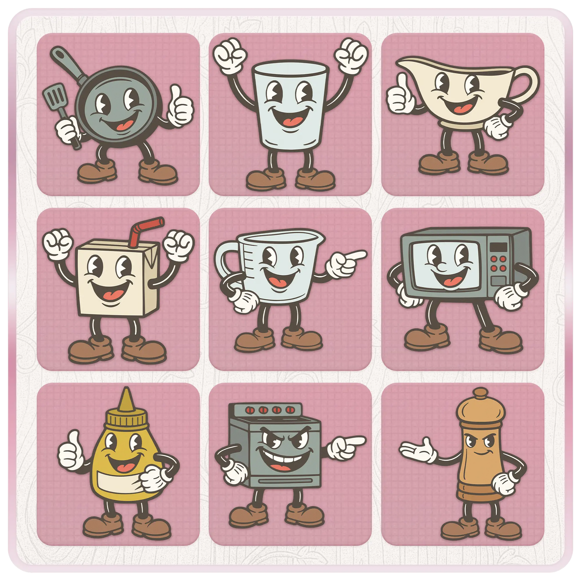 Retro kitchen SVG and PNG preview sheet featuring cartoon mascot designs including frying pan, glass tumbler, gravy boat, juice box, measuring jug, microwave, mustard bottle, oven, and pepper grinder.