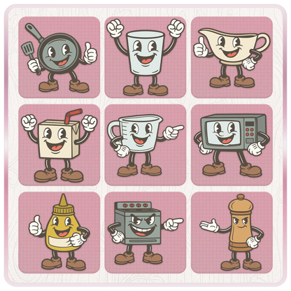 Retro kitchen SVG and PNG preview sheet featuring cartoon mascot designs including frying pan, glass tumbler, gravy boat, juice box, measuring jug, microwave, mustard bottle, oven, and pepper grinder.